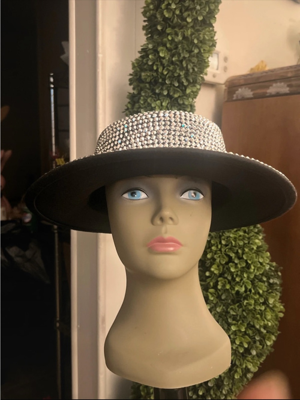 Crystal Band Wide Brim Black Women's Hat